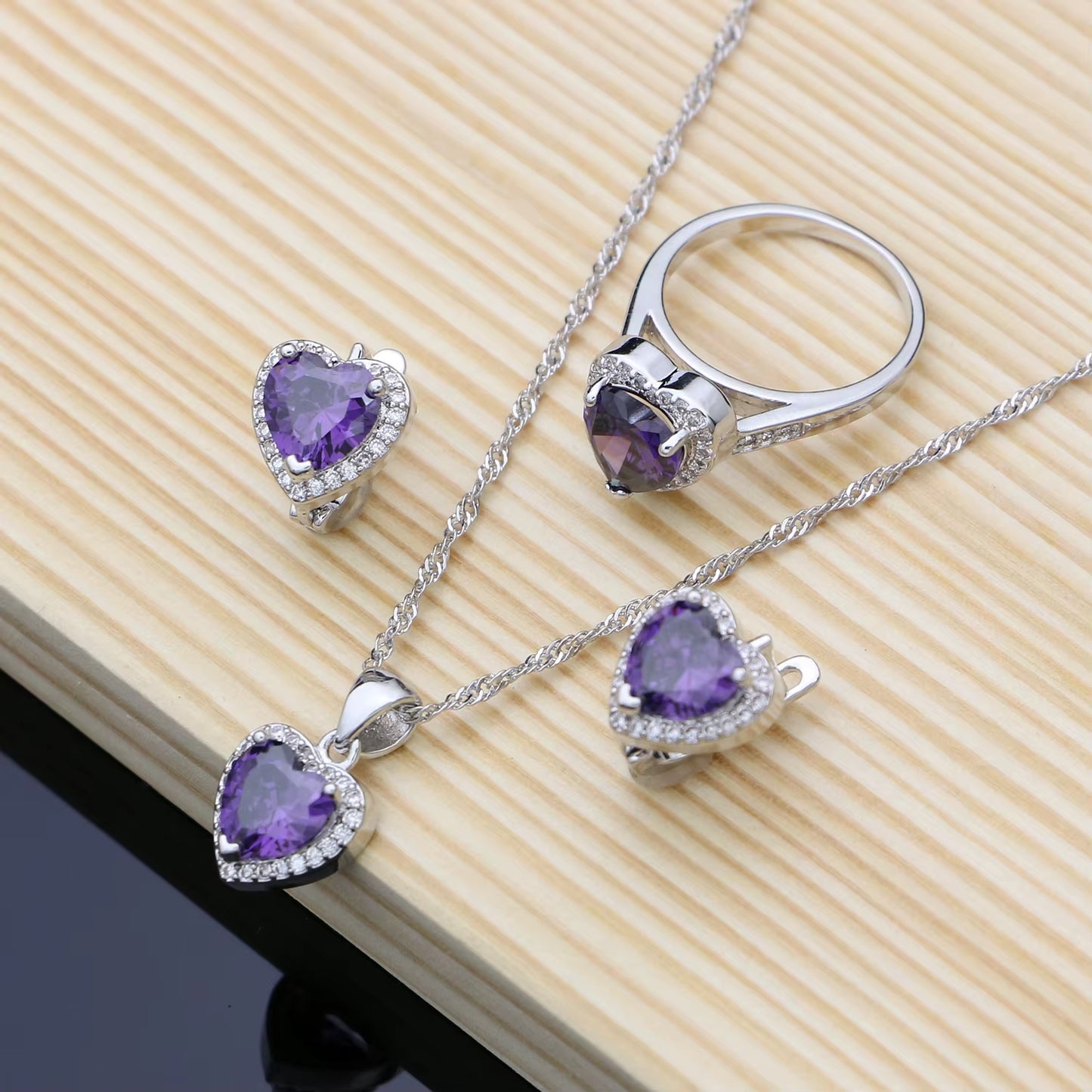 Romantic Heart Shaped Silver 925 Jewelry Sets for Women Purple Amethyst Earrings Rings Confession Girl Necklace Set Dropshipping