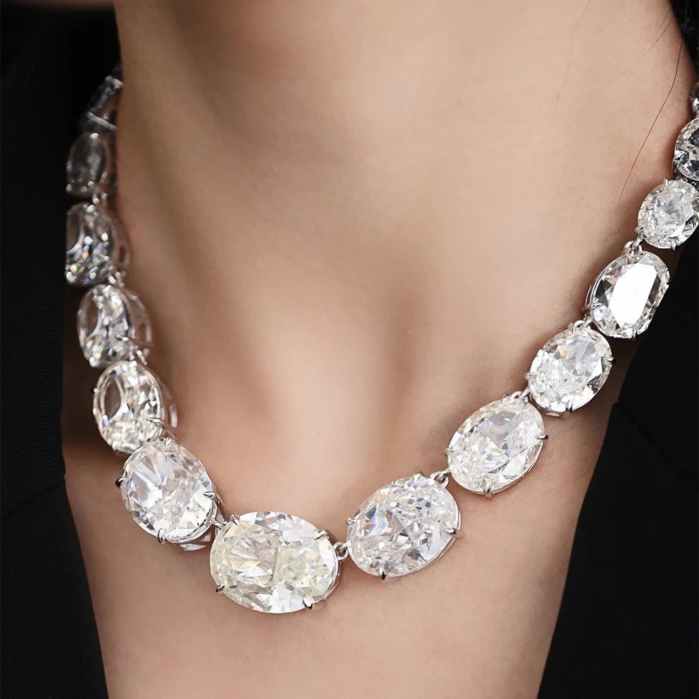 Luxury 925 Sterling Silver G Color Crushed Ice Cut Oval Simulated Moissanite Gemstone Pendant Necklace Fine Jewelry