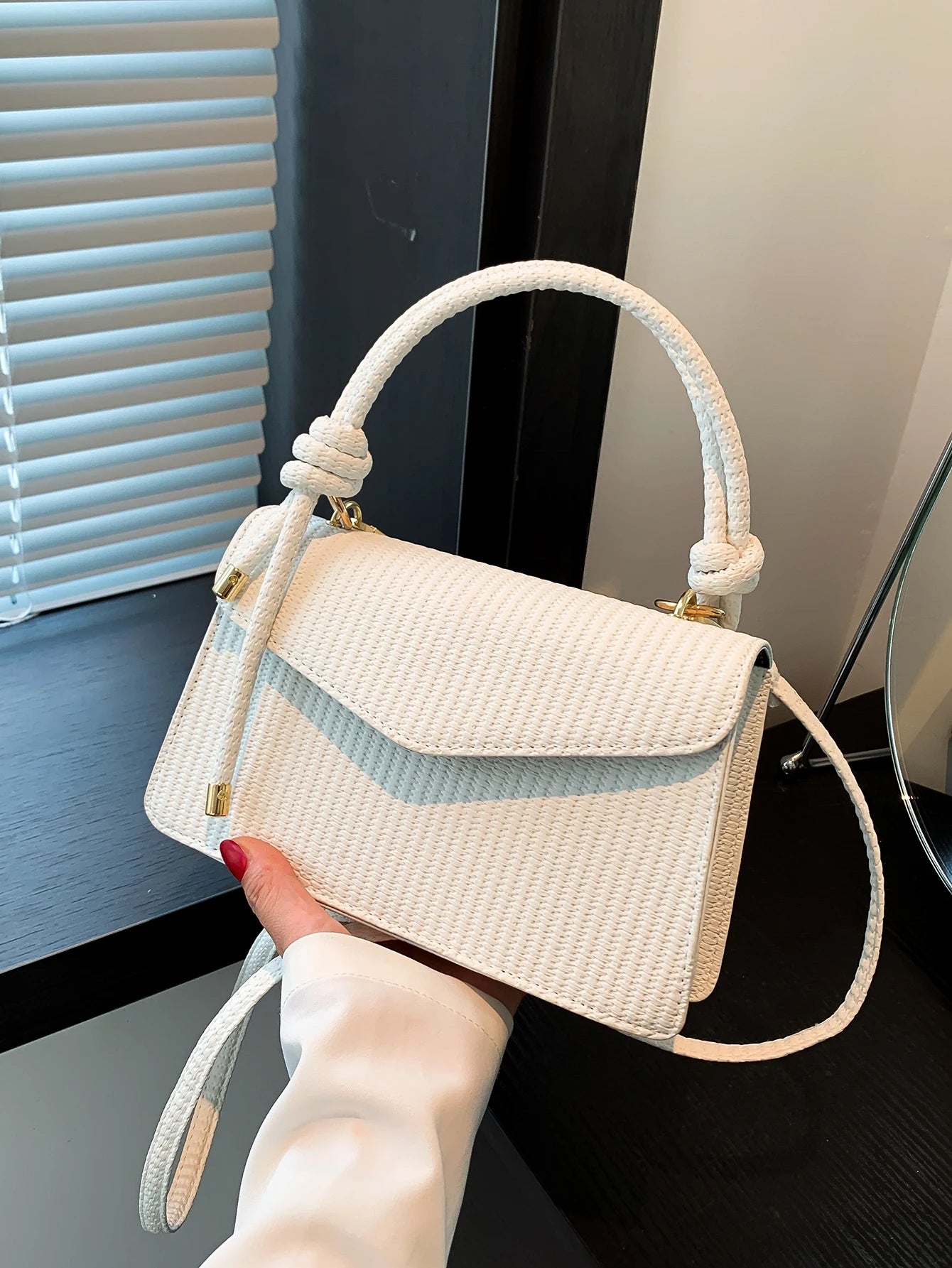 New White Vintage Knitted Texture Women'S Handbag Shoulder & Crossbody Bag