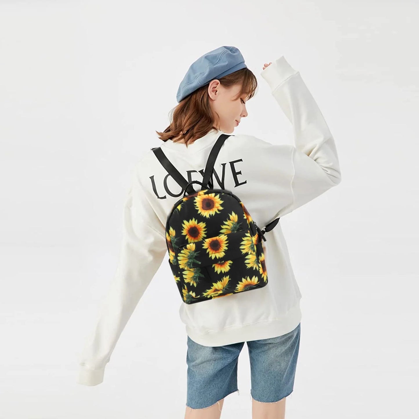 Sunflower Mini Backpack, Sunflowers Printing Backpack, Small Backpack Purse for Women, Cute Backpack Purse, Sunflower Rope Crossbody Shoulder Bag (Black Sunflower)