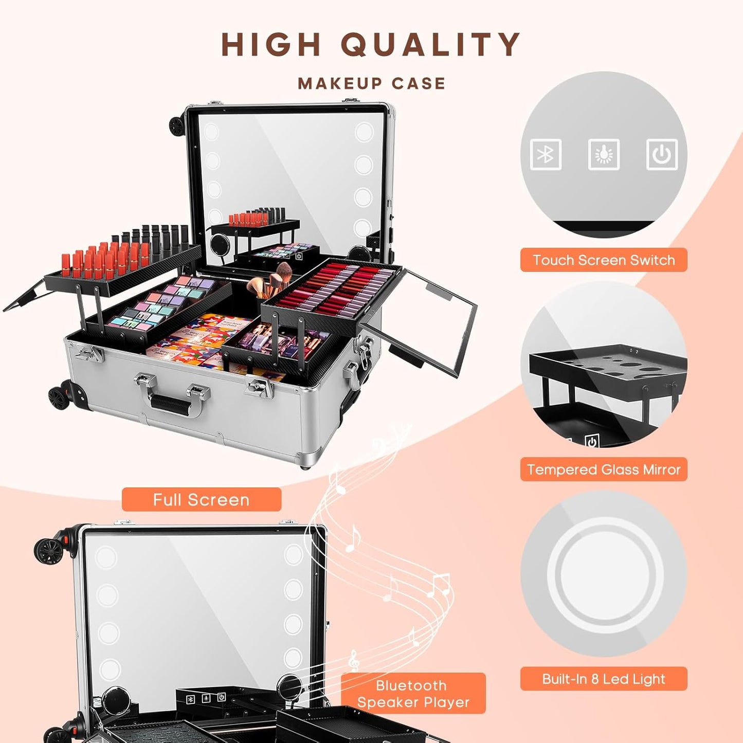 24'' Aluminum Trolley Makeup Train Case with LED Light Professional Cosmetic Make up Cosmetic Organizer Studio