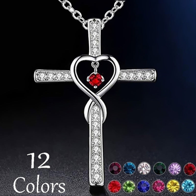 Infinity Love God We Trust Christian Cross Birthstone Crystal Pendant Necklace Colour Gems Zircon Heart Necklace Women Jewelry - Alrickas’ UNIQUE BOUTIQUE