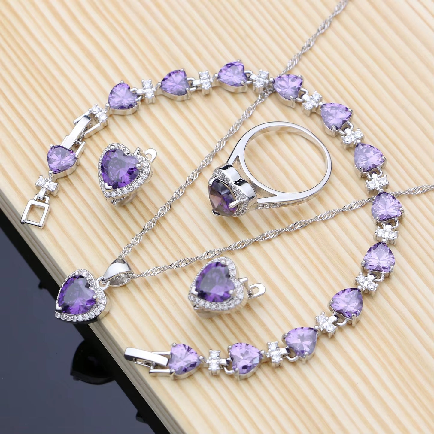 Romantic Heart Shaped Silver 925 Jewelry Sets for Women Purple Amethyst Earrings Rings Confession Girl Necklace Set Dropshipping
