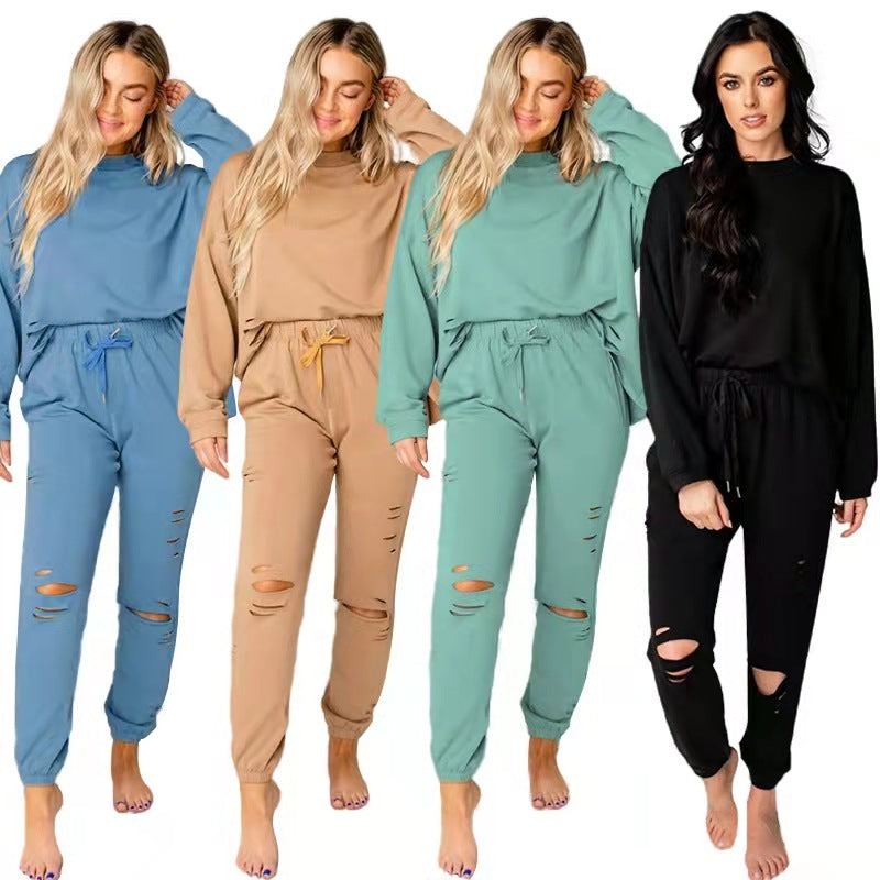 Chic Women's Ripped Round Neck Pullover & Pants Set - Casual Long Sleeve Cotton Sweatshirt Suit - Alrickas’ UNIQUE BOUTIQUE