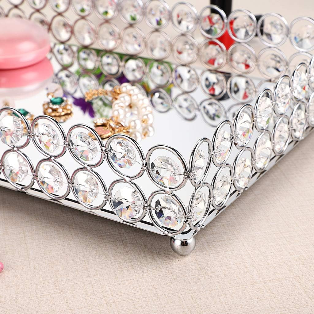 Elegant Large Crystal Makeup & Jewelry Organizer Tray - Mirrored Vanity Dresser & Bathroom Decor, 13.7" x 7.87 - Alrickas’ UNIQUE BOUTIQUE