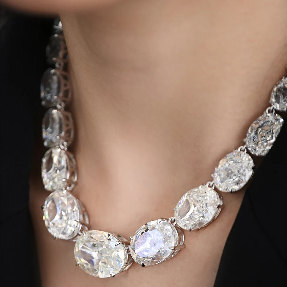 Luxury 925 Sterling Silver G Color Crushed Ice Cut Oval Simulated Moissanite Gemstone Pendant Necklace Fine Jewelry