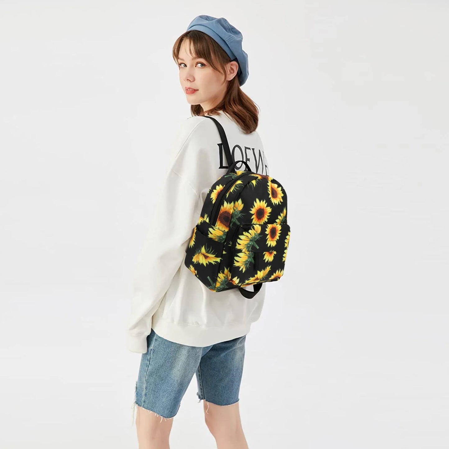 Sunflower Mini Backpack, Sunflowers Printing Backpack, Small Backpack Purse for Women, Cute Backpack Purse, Sunflower Rope Crossbody Shoulder Bag (Black Sunflower)