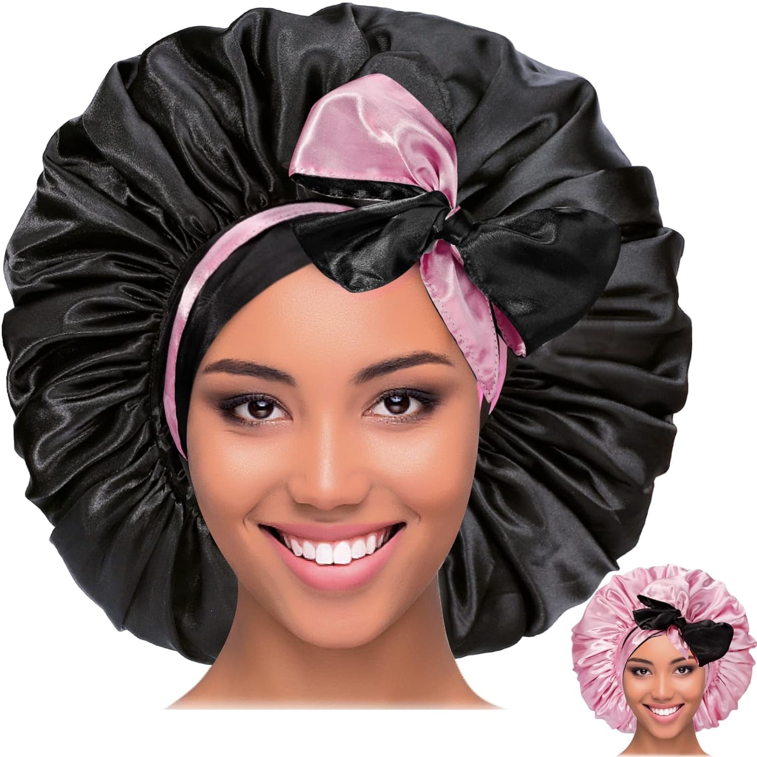 Reversible Jumbo Satin Bonnet for Black Women - Adjustable Extra Large Night Cap with Wide Tie Band for Braids & Curly Hair (Black Pink) - Alrickas’ UNIQUE BOUTIQUE