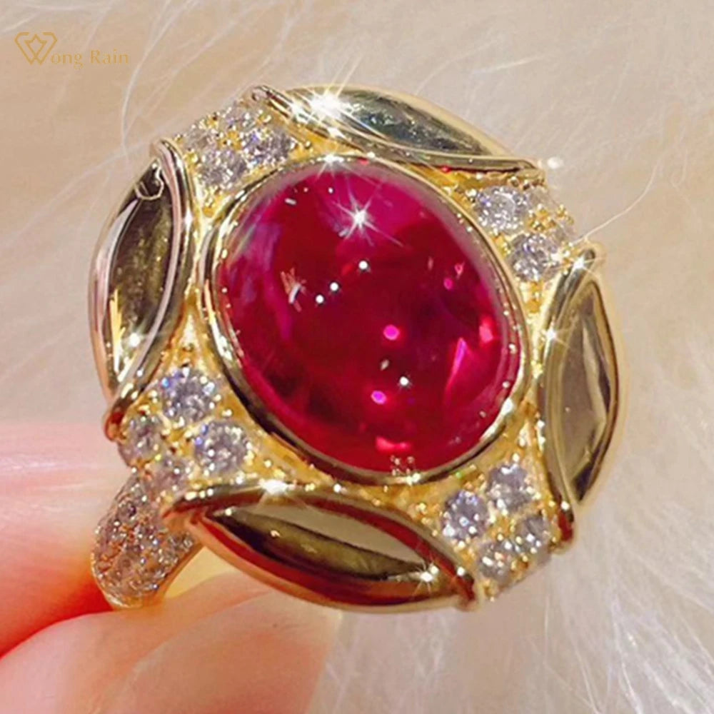 Vintage 18K Gold Plated 925 Sterling Silver Oval Ruby High Carbon Diamond Gemstone Cocktail Party Ring Fine Jewelry