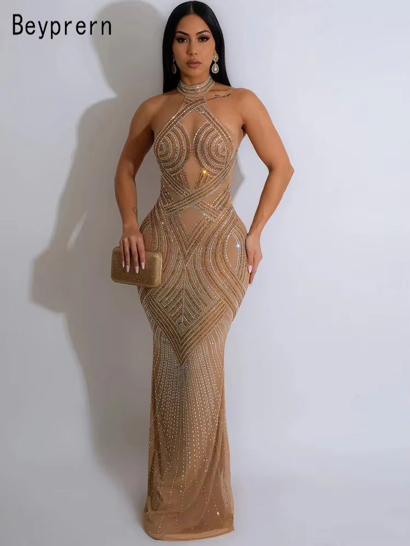 Glamorous Backless Rhinestone Maxi Dress - Perfect for Parties and Celebrity Events - Alrickas’ UNIQUE BOUTIQUE