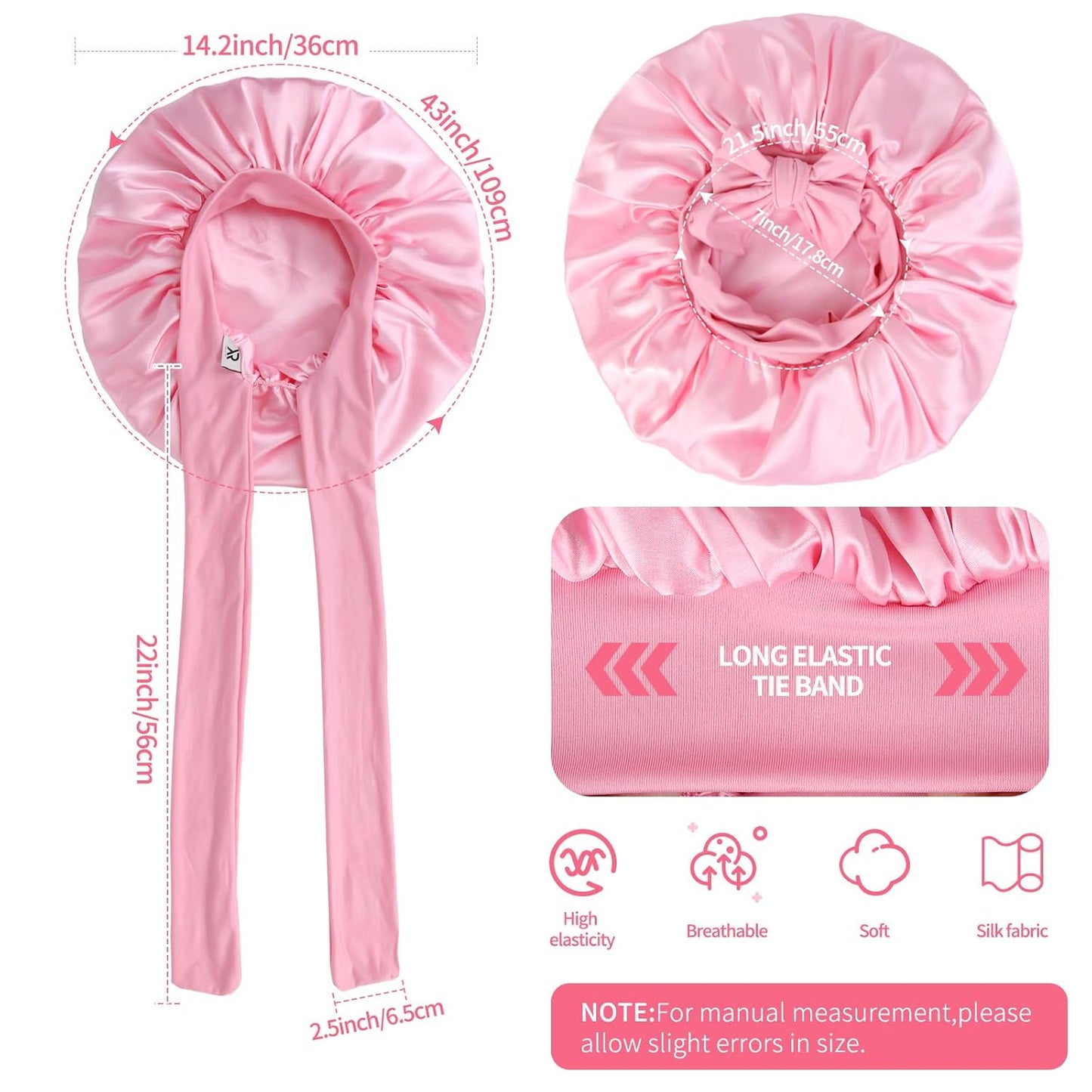 Silk Double Layer Satin Hair Bonnet with Elastic Tie Band for Curly Hair - Adjustable, Pink