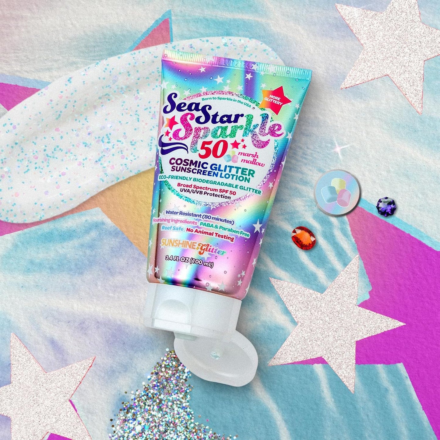Seastar Sparkle - Cosmic Marshmallow Scented Glitter Sunscreen Lotion - SPF 50 - Biodegradable Sunscreen, Kids, Water Resistant, Glitter Lotion, Cruelty Free, Kids Lotion, Made in USA, 3.4Oz