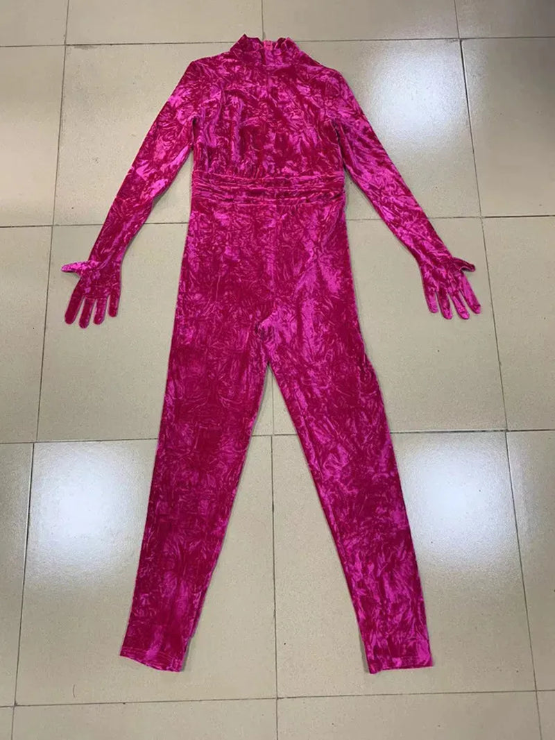 Women S Jumpsuits Rompers Celebrity Fashion Jumpsuit Rosered Color Velvet Women Long Sleeve Sexy Bodycon Full Length Red Carpet Wear 231005