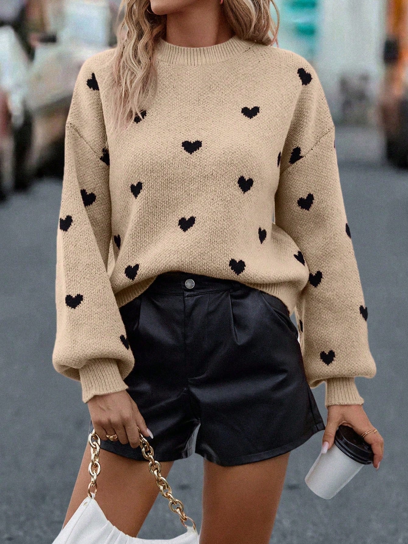 SHEIN LUNE Heart Patterned Dropped Shoulder Casual Sweater, Autumn/Winter Knit Pullover Fall Outfit