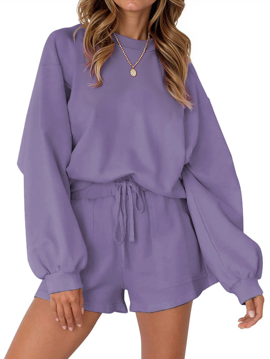Cozy Fall Pajama Sets for Women - Stylish Two Piece Lounge Outfits with Long Sleeve Sweatshirts and Shorts - Alrickas’ UNIQUE BOUTIQUE