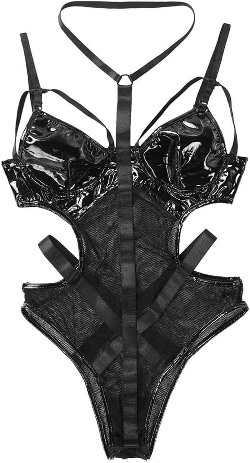 Women’S Wet Look Lingerie Leather Bodysuit Mesh Patchwork Halter Neck High Cut Leotard Bodysuit Clubwear