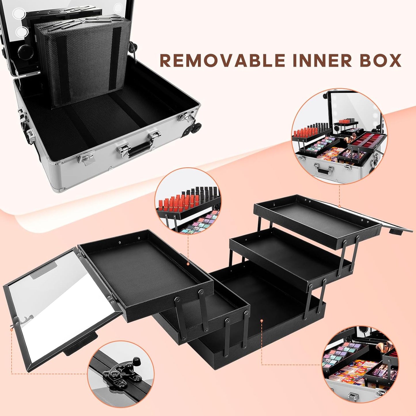 24'' Aluminum Trolley Makeup Train Case with LED Light Professional Cosmetic Make up Cosmetic Organizer Studio