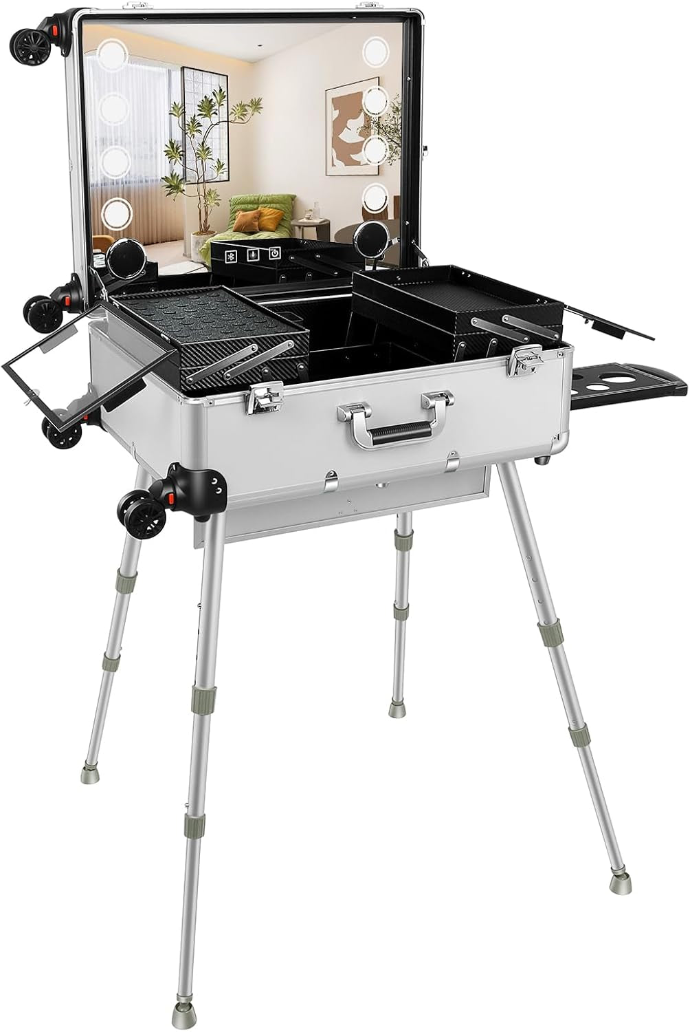 24'' Aluminum Trolley Makeup Train Case with LED Light Professional Cosmetic Make up Cosmetic Organizer Studio