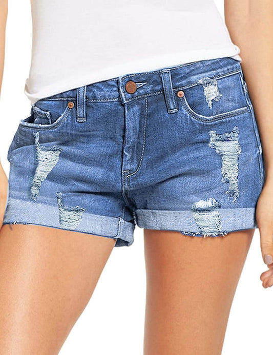 High-Waisted Ripped Denim Jean Shorts for Women - Stretchy Folded Hem Style - Alrickas’ UNIQUE BOUTIQUE