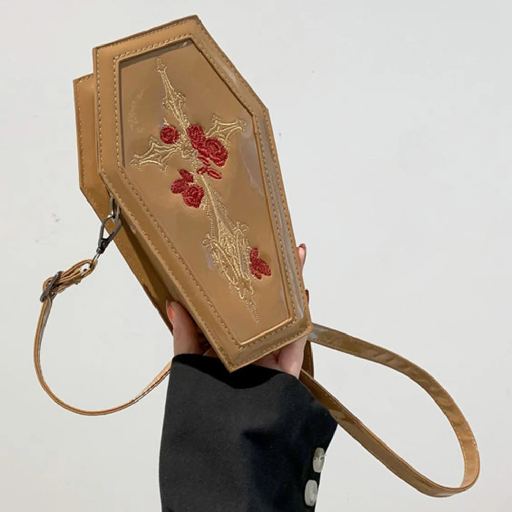 Women Coffin Satchel Purse Cartoon Gothic Crossbody Bag Versatile Rose Shoulder Bag Rose Crossbody Pouch Halloween Purse