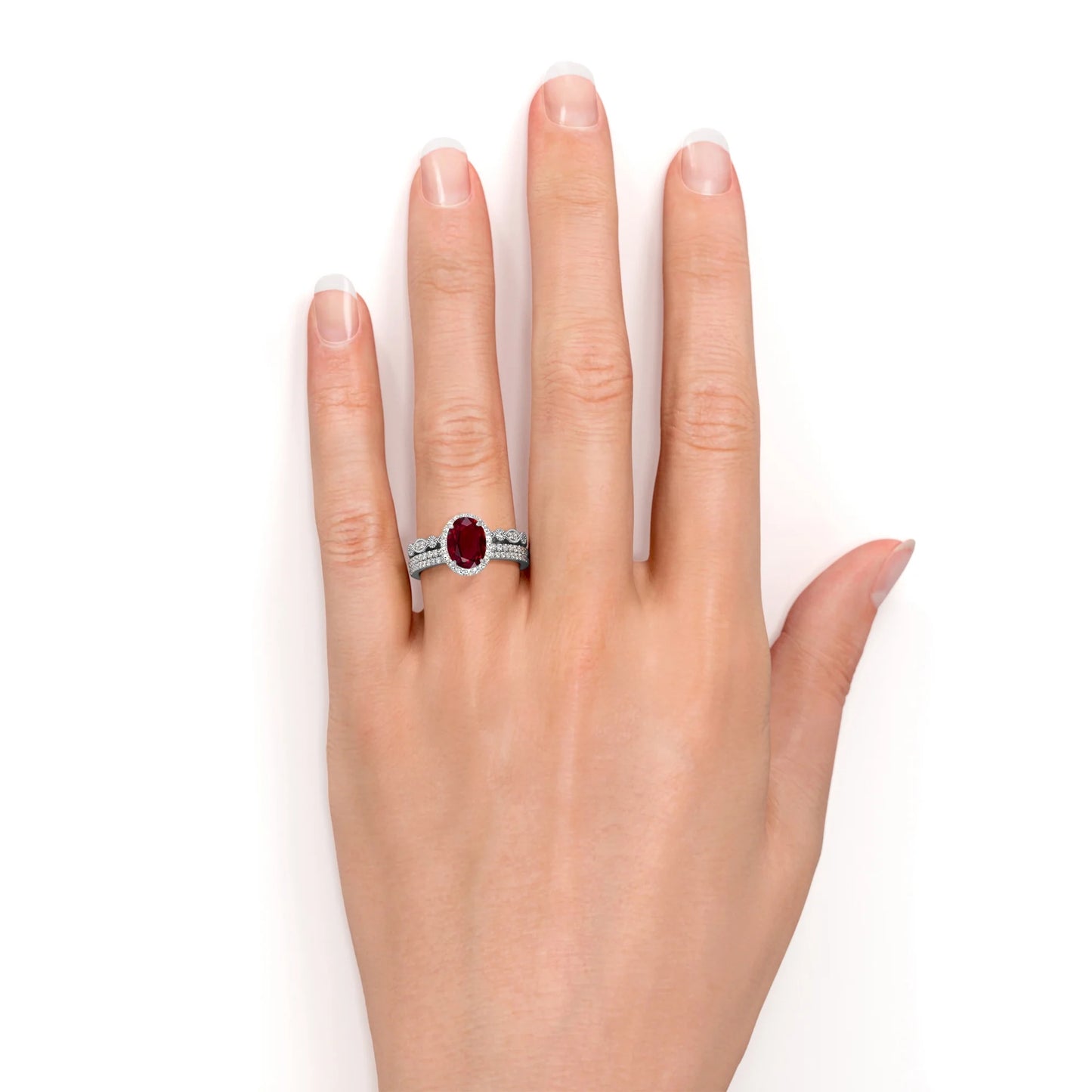 2 Carat Oval Antique Pigeon Blood Lab Created Ruby Trio Ring Set in 18K White Gold over Silver