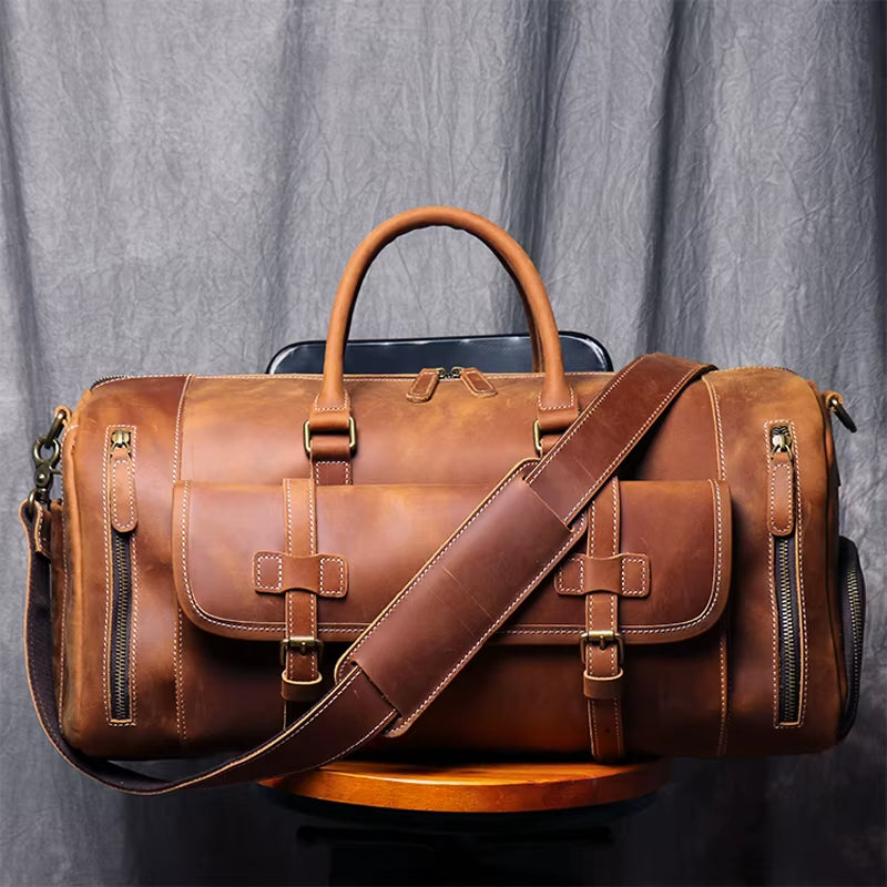 Vintage Crazy Horse Genuine Leather Travel Bag Large Luggage Bag Men Leather Duffle Bag Large Weekend Bag Tote Big