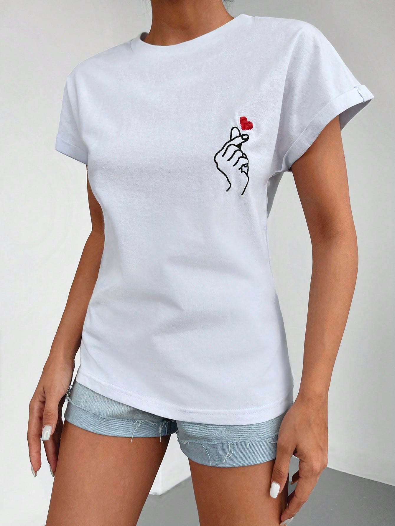 Heart & Hand Print Batwing Sleeve Tee
