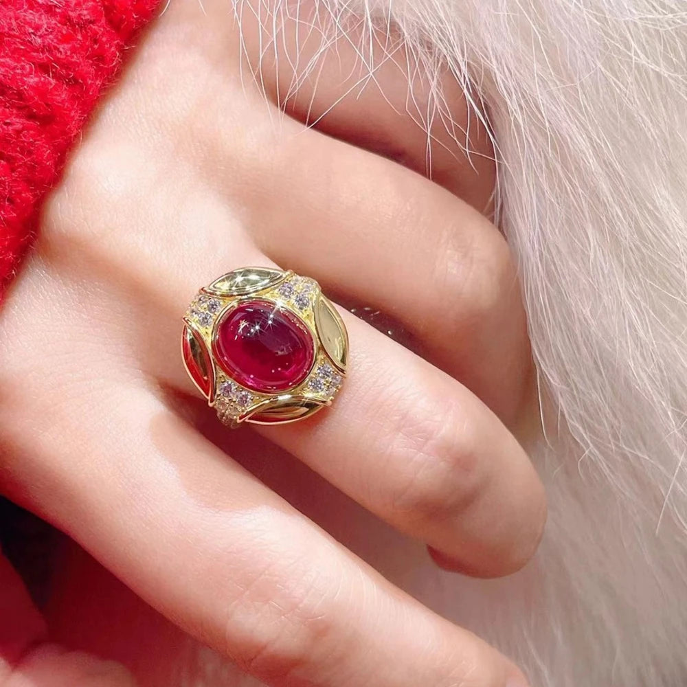 Vintage 18K Gold Plated 925 Sterling Silver Oval Ruby High Carbon Diamond Gemstone Cocktail Party Ring Fine Jewelry