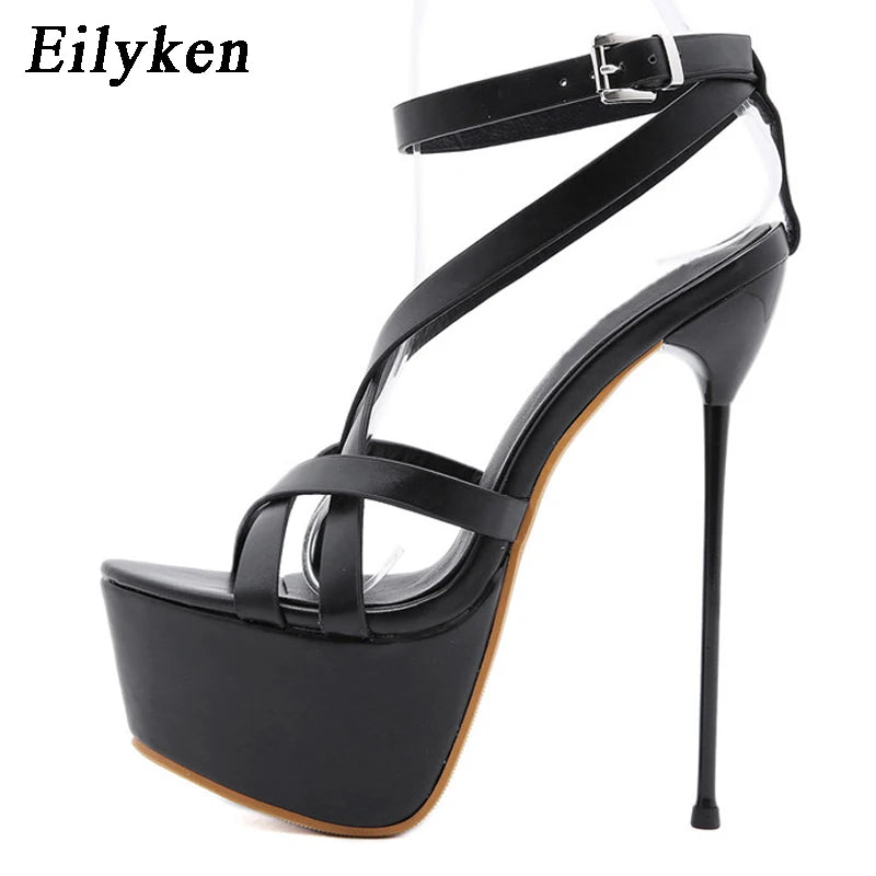 Eilyken Open Toe Ankle Buckle Strap Women Sandals Pumps Party Platform Club Stiletto High Heels Hollow Out Dress Shoes Black
