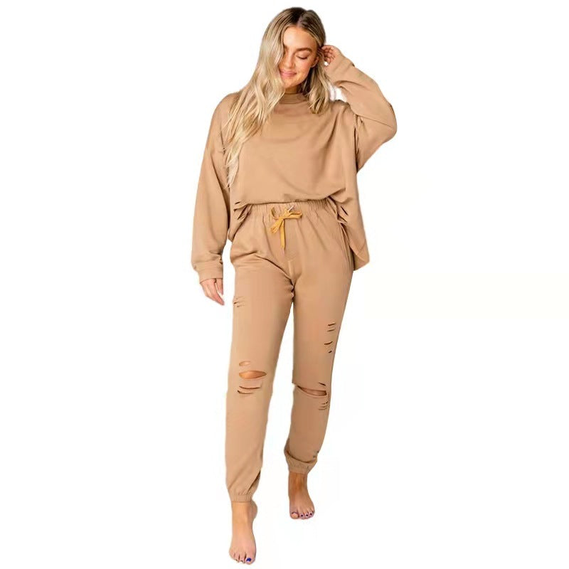 Chic Women's Ripped Round Neck Pullover & Pants Set - Casual Long Sleeve Cotton Sweatshirt Suit - Alrickas’ UNIQUE BOUTIQUE
