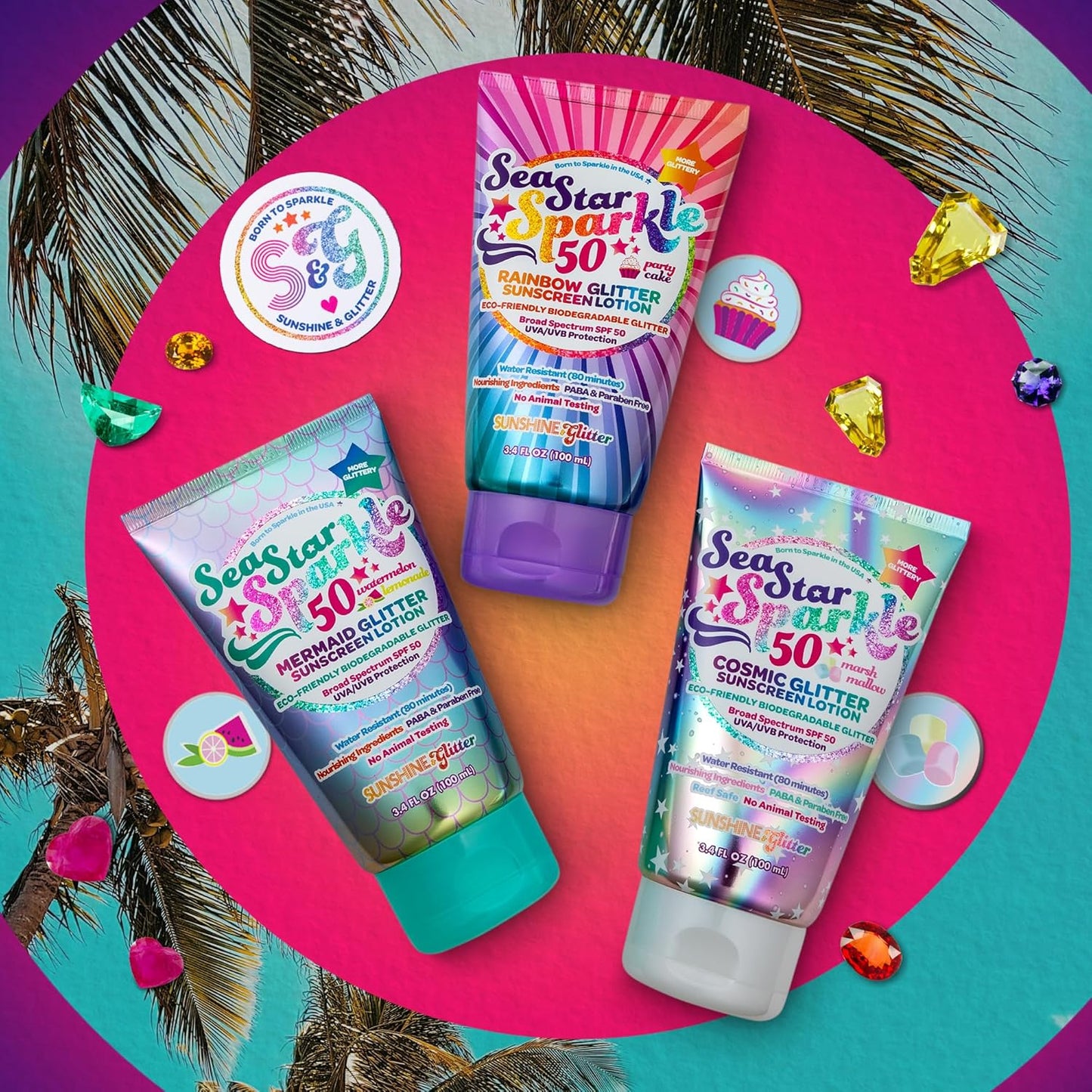Seastar Sparkle - Cosmic Marshmallow Scented Glitter Sunscreen Lotion - SPF 50 - Biodegradable Sunscreen, Kids, Water Resistant, Glitter Lotion, Cruelty Free, Kids Lotion, Made in USA, 3.4Oz