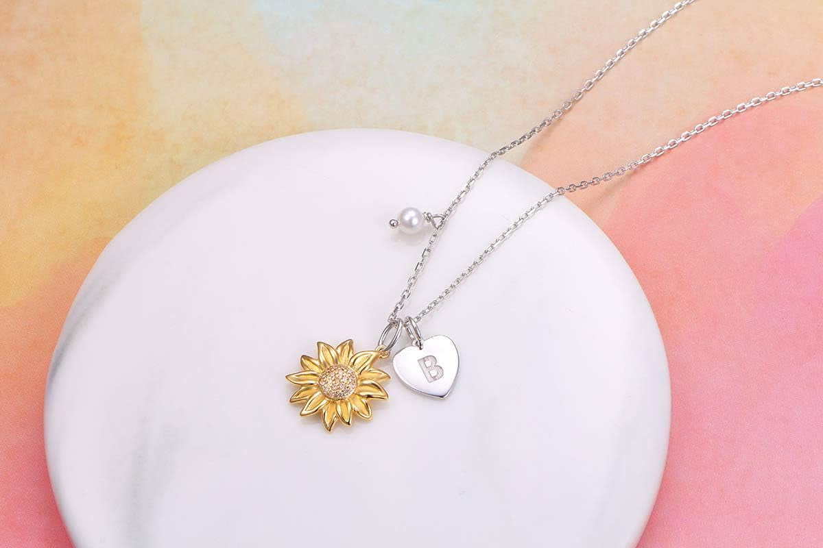 Sterling Silver Gold Tone Sunflower Initial 26 Letter Script Name Alphabet a to Z Necklace Personalized Pendant