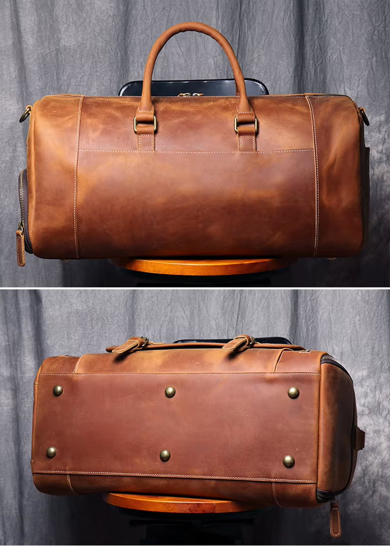 Vintage Crazy Horse Genuine Leather Travel Bag Large Luggage Bag Men Leather Duffle Bag Large Weekend Bag Tote Big