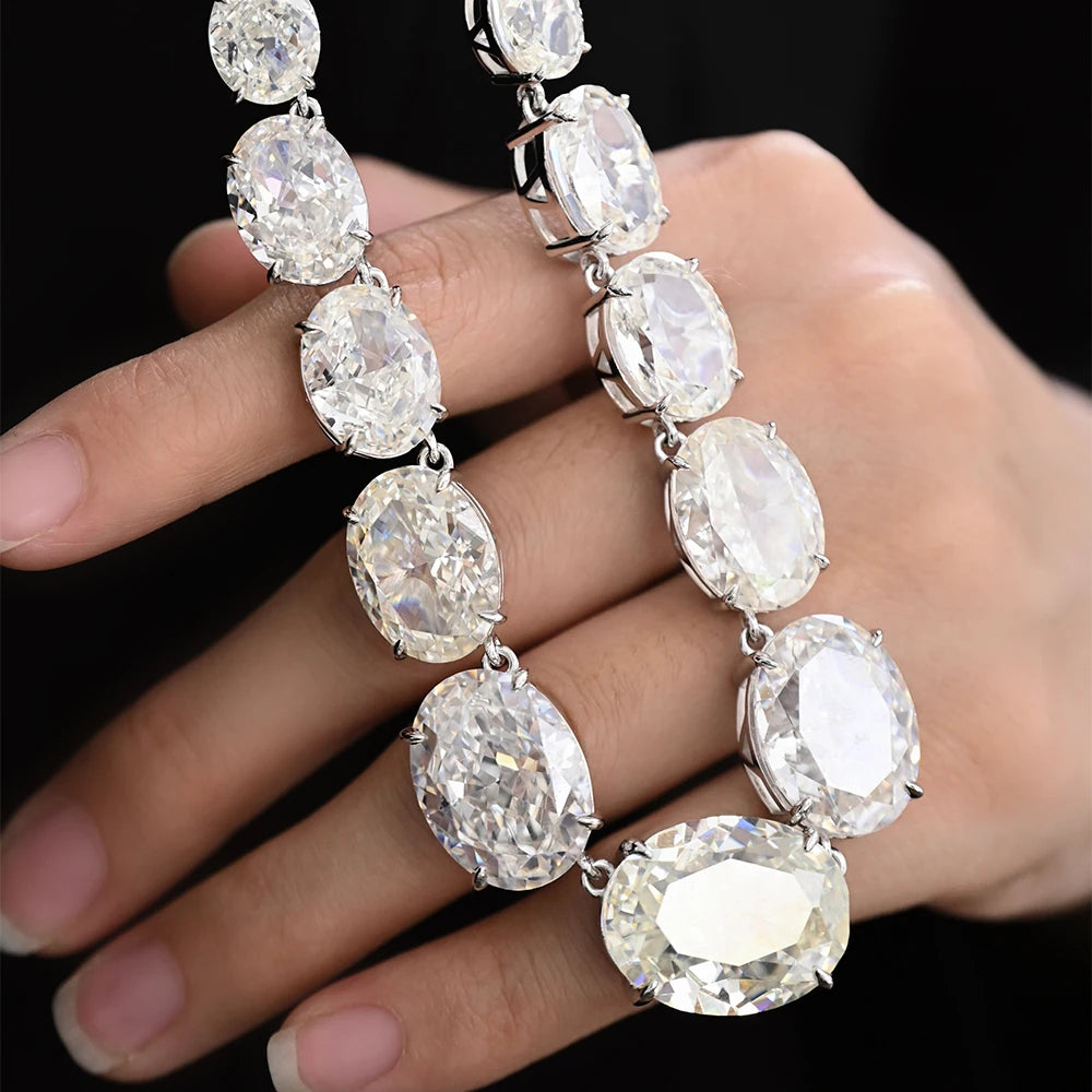 Luxury 925 Sterling Silver G Color Crushed Ice Cut Oval Simulated Moissanite Gemstone Pendant Necklace Fine Jewelry