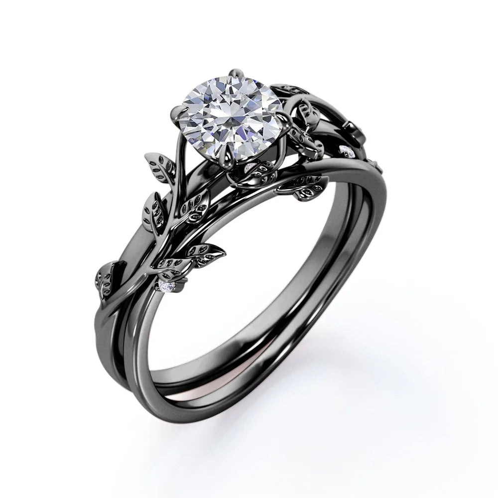 0.50 Carat round Shape - Tree Leaves Design Wedding Set - Nature Inspired Bridal Ring - 18K Black Gold Plating over Silver