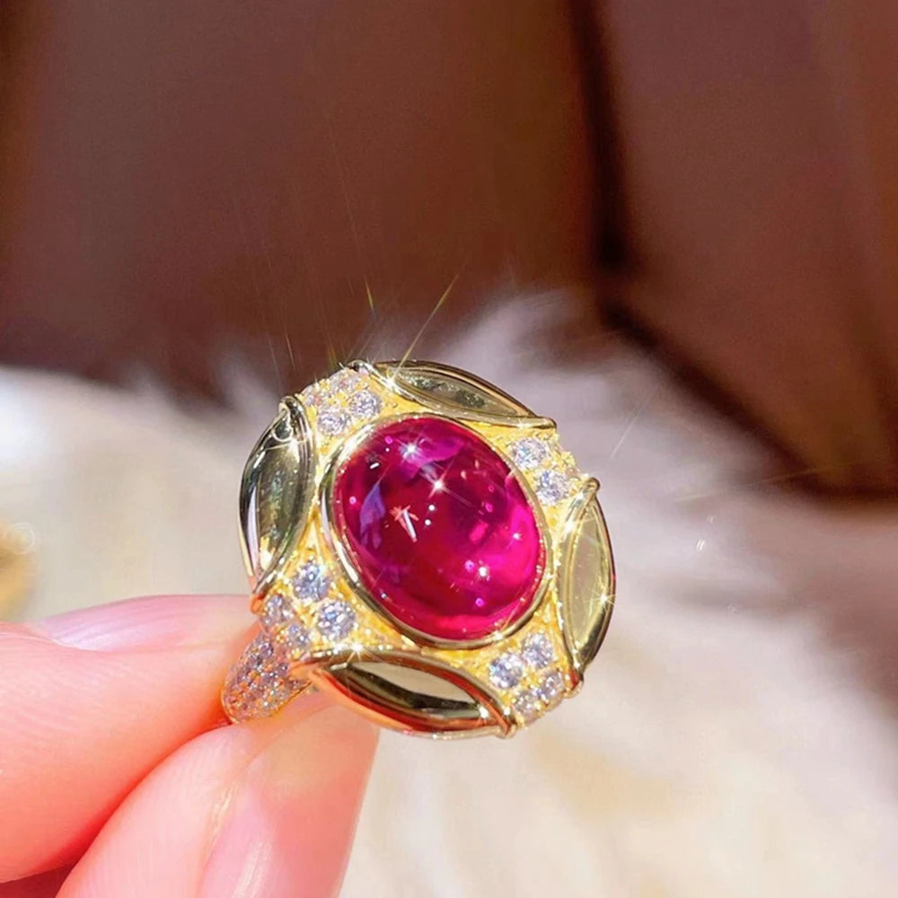 Vintage 18K Gold Plated 925 Sterling Silver Oval Ruby High Carbon Diamond Gemstone Cocktail Party Ring Fine Jewelry