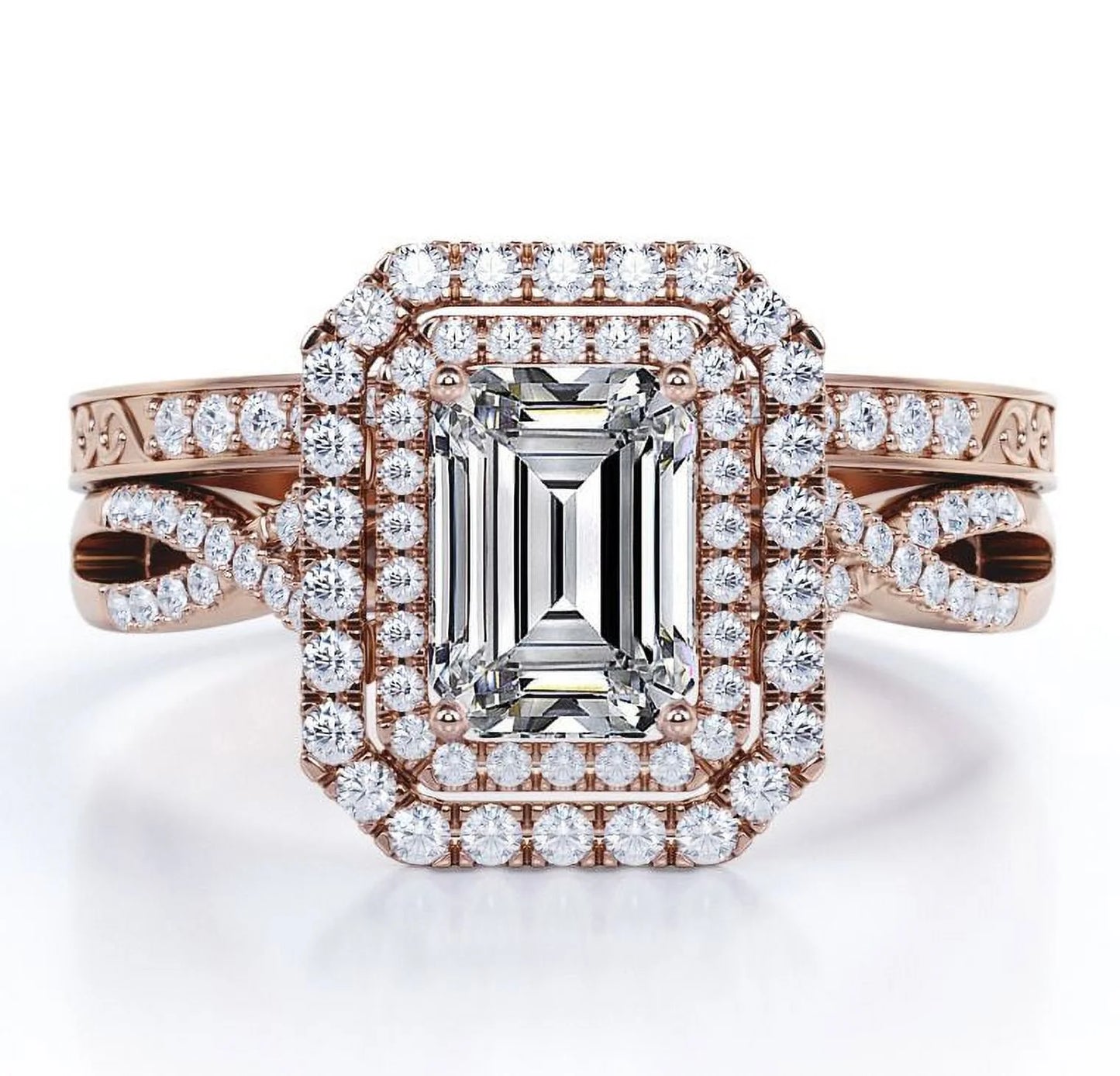 Twisted - 2 Carat Emerald Cut - Filigree Band - Double Halo Design Wedding Ring Set - 18K Rose Gold Plating over Silver