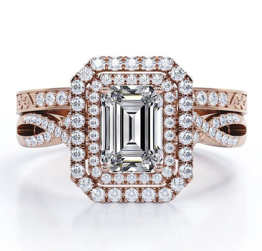 Stunning 2 Carat Emerald Cut Double Halo Wedding Ring Set - Elegant Filigree Band in 18K Rose Gold Plated Silver - Alrickas’ UNIQUE BOUTIQUE