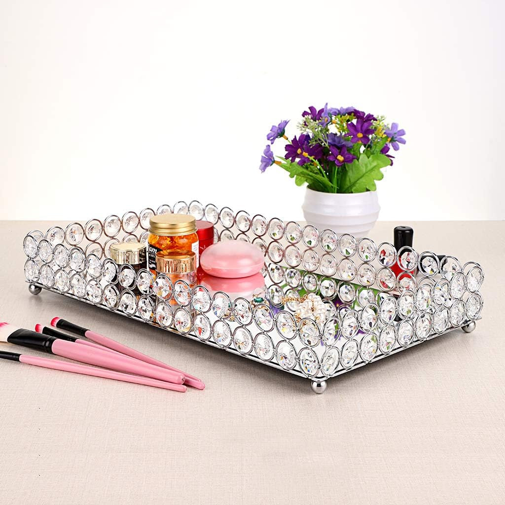 Elegant Large Crystal Makeup & Jewelry Organizer Tray - Mirrored Vanity Dresser & Bathroom Decor, 13.7" x 7.87 - Alrickas’ UNIQUE BOUTIQUE