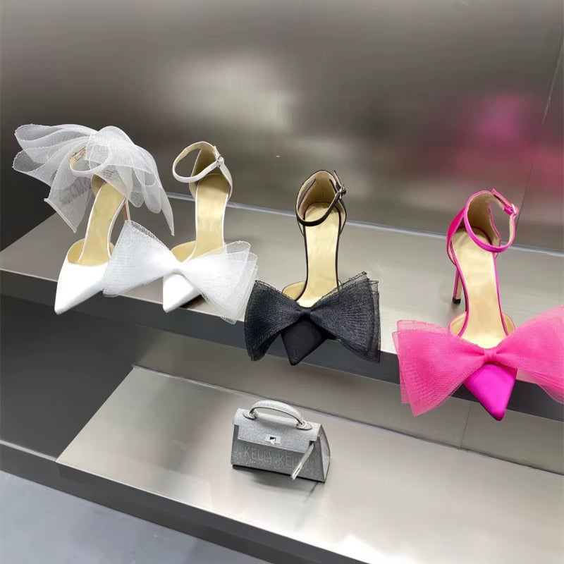 Brand Fashion Bowknot Women Pumps Luxury Satin Thin High Heels Party Prom Sandals Spring Summer Female Wedding Bridal Shoes