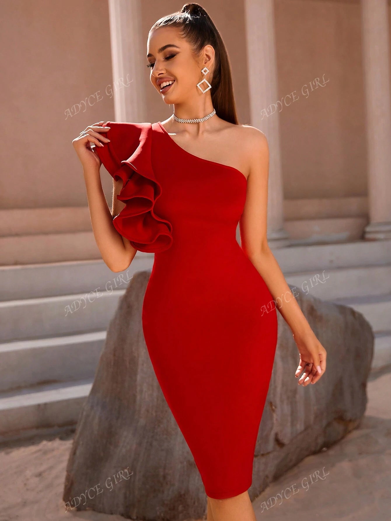 ADYCE One Shoulder Exaggerated Ruffle Trim Split Back Cocktail Party Bandage Dress