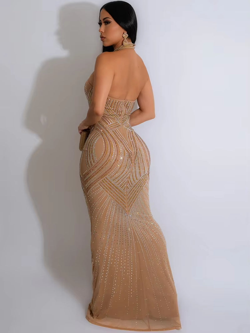 Glamorous Backless Rhinestone Maxi Dress - Perfect for Parties and Celebrity Events - Alrickas’ UNIQUE BOUTIQUE
