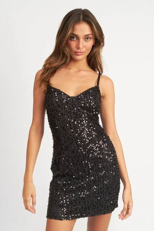 Glamorous Sequin Mini Dress with Spaghetti Straps - Alrickas’ UNIQUE BOUTIQUE