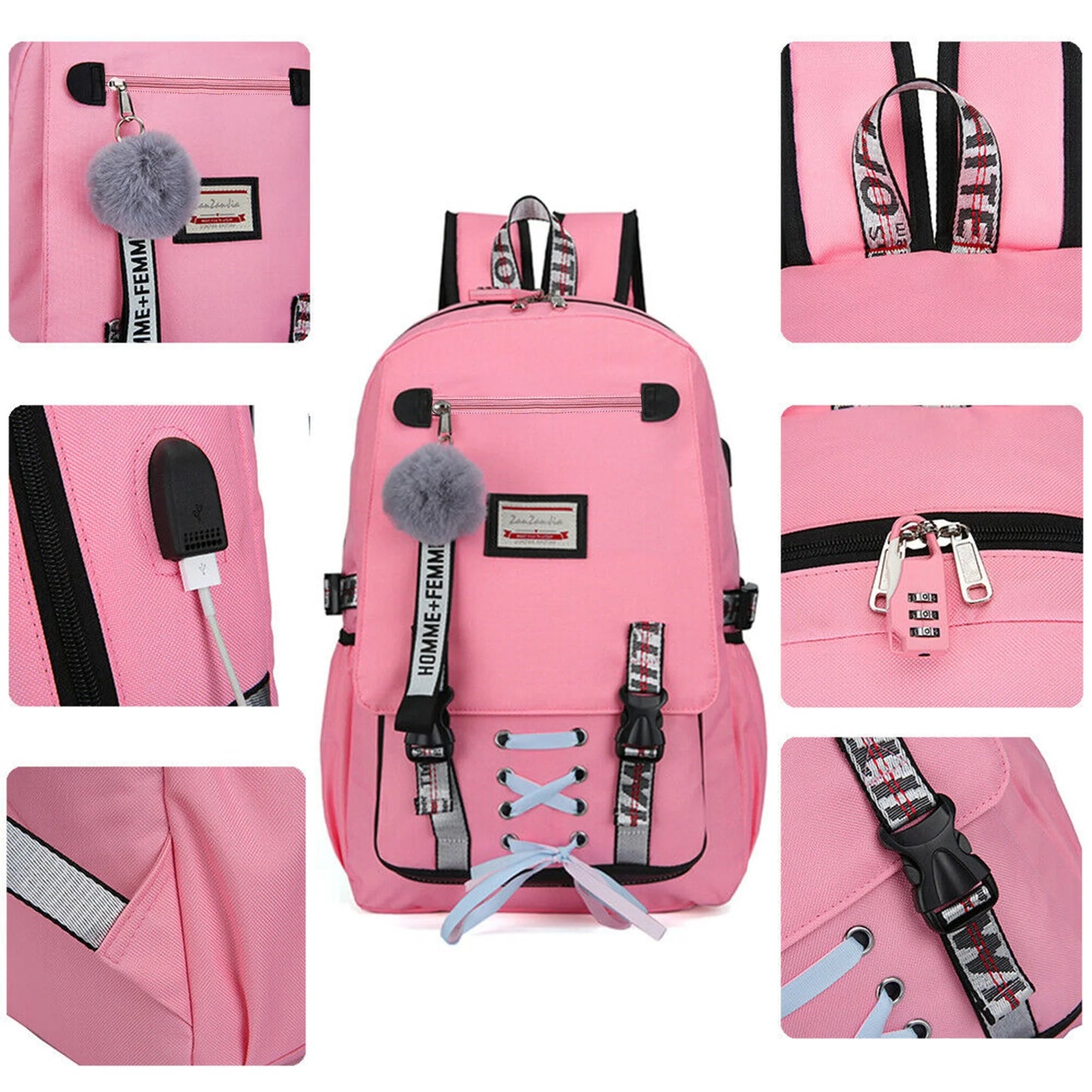 Women Girls School Bag Waterproof Teenage Backpack with anti Theft Lock USB Port College Bookbags Student Laptop