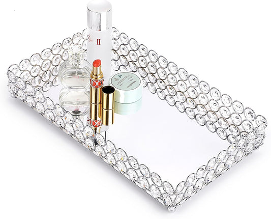 Elegant Large Crystal Makeup & Jewelry Organizer Tray - Mirrored Vanity Dresser & Bathroom Decor, 13.7" x 7.87 - Alrickas’ UNIQUE BOUTIQUE