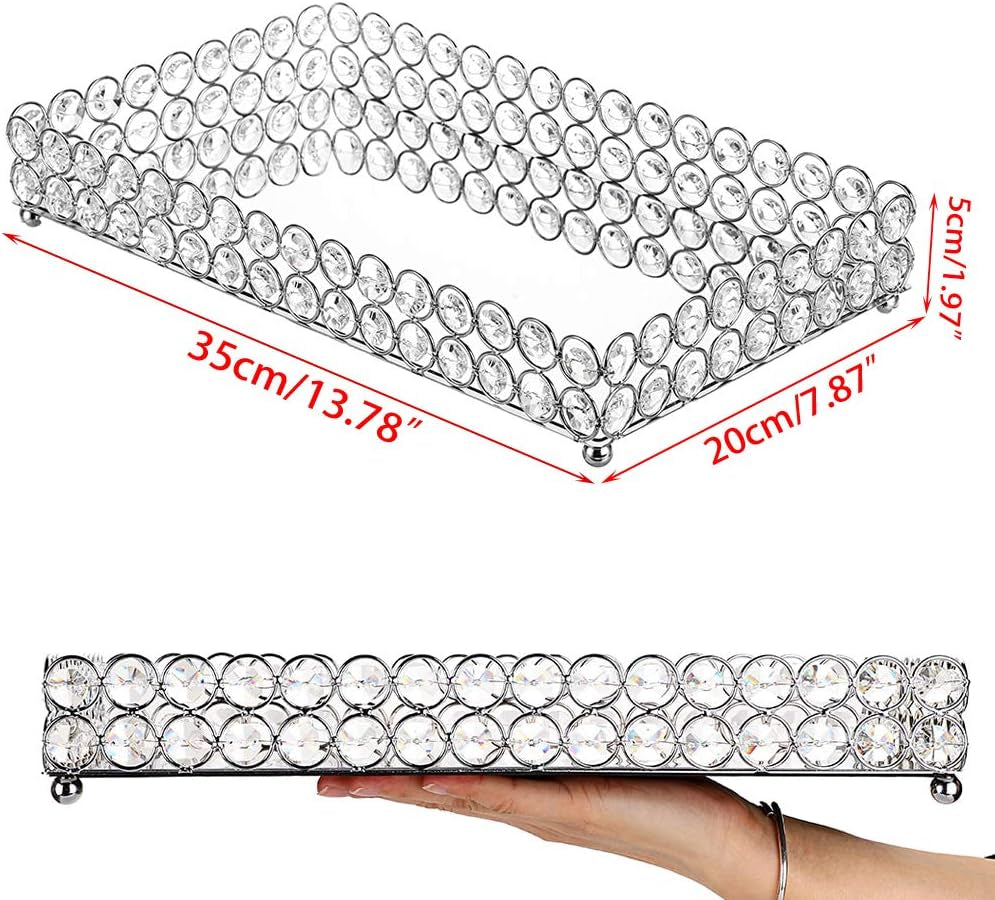 Elegant Large Crystal Makeup & Jewelry Organizer Tray - Mirrored Vanity Dresser & Bathroom Decor, 13.7" x 7.87 - Alrickas’ UNIQUE BOUTIQUE