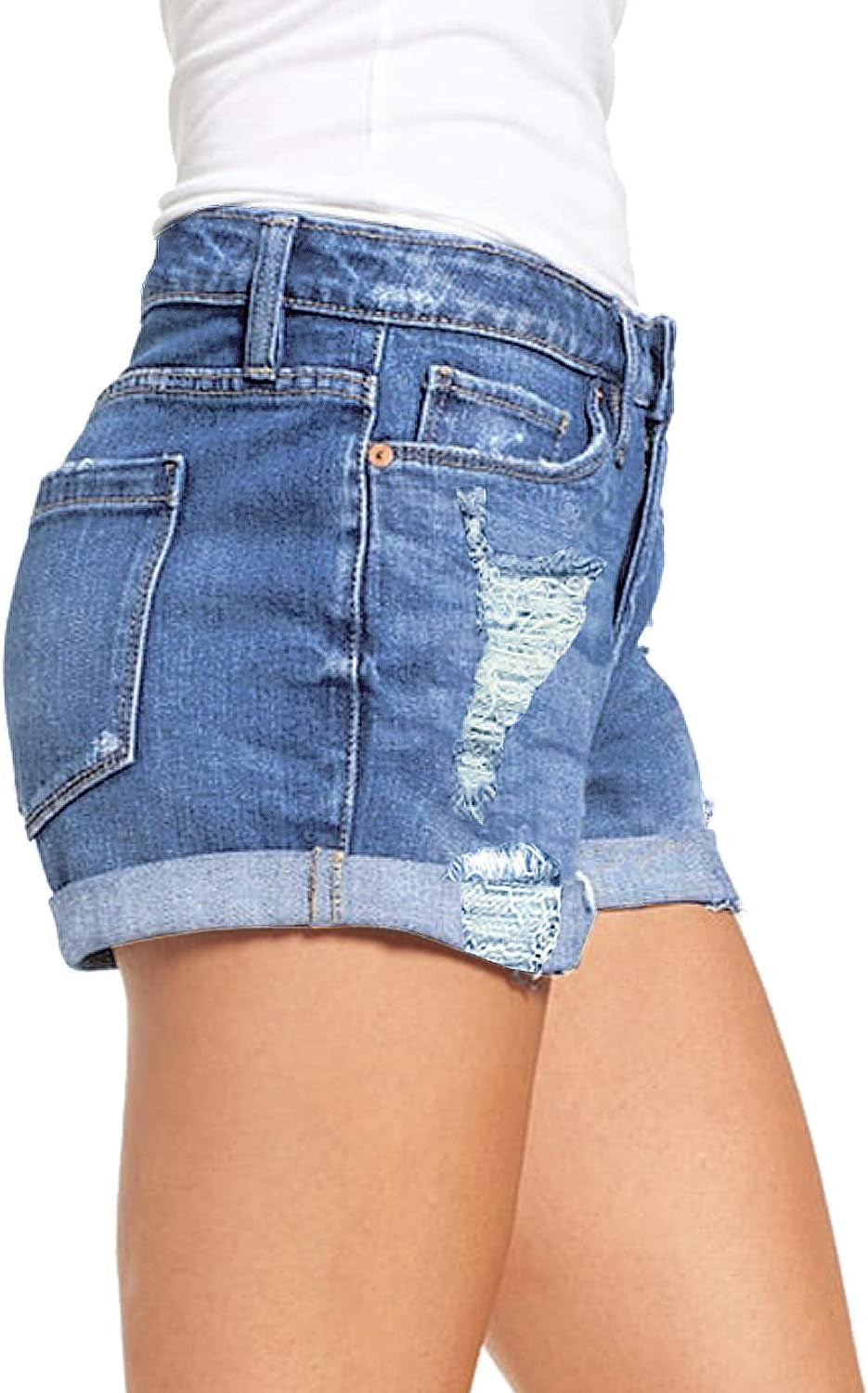 High-Waisted Ripped Denim Jean Shorts for Women - Stretchy Folded Hem Style - Alrickas’ UNIQUE BOUTIQUE