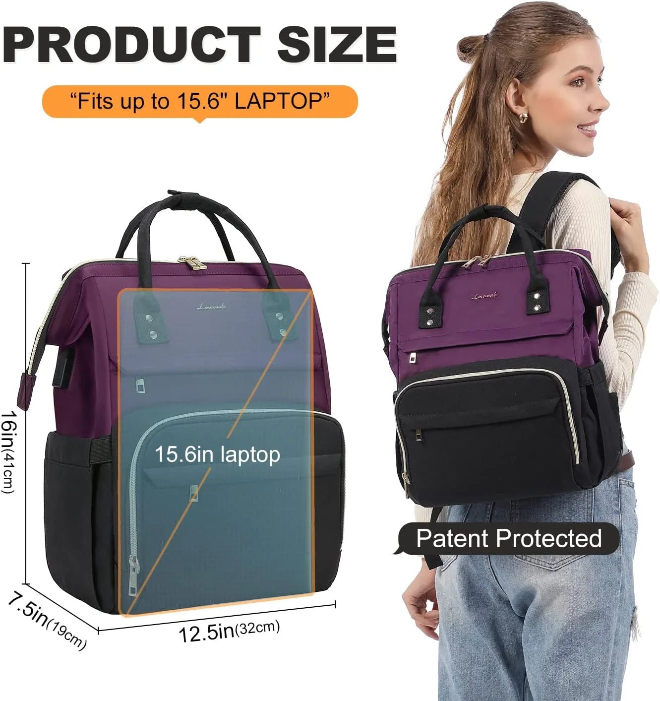 Laptop Bag 15.6",Women Work Computer Bag Teacher Nurse Backpack Purse with Usb,Waterproof Travel Backpack College Bookbag(Dark Purple-Black)