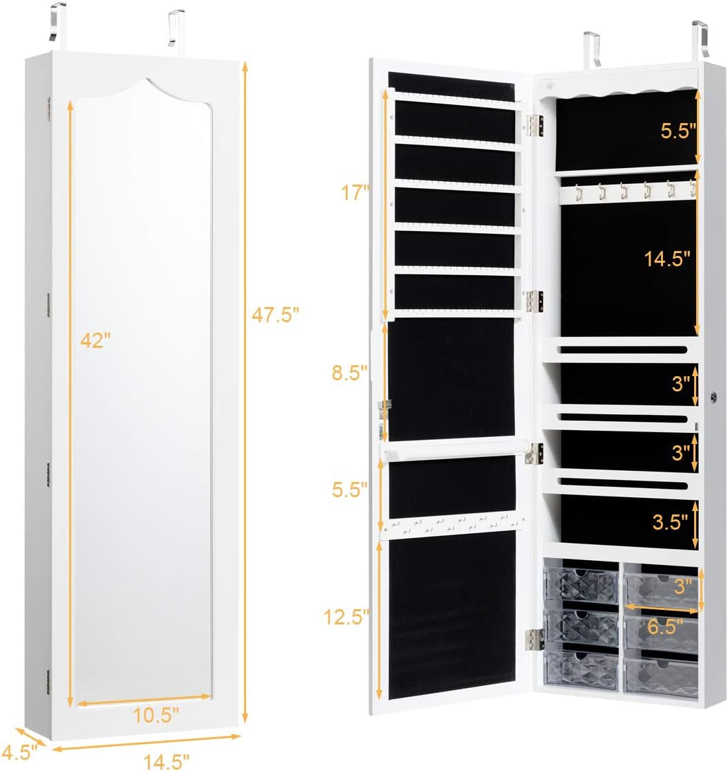 Elegant Wall-Mounted Jewelry Cabinet Armoire with Full-Length Mirror, Lockable Organizer, 5 LED Lights, and Spacious Storage with 6 Acrylic Drawers - White - Alrickas’ UNIQUE BOUTIQUE
