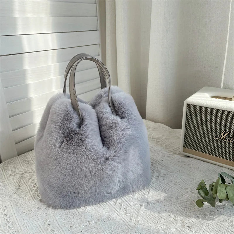Practical Large-Capacity Bucket Bag Handbag Fashionable Imitation Rabbit Fur Plush Bag Tote Bag 2023 Winter New Designer Bag